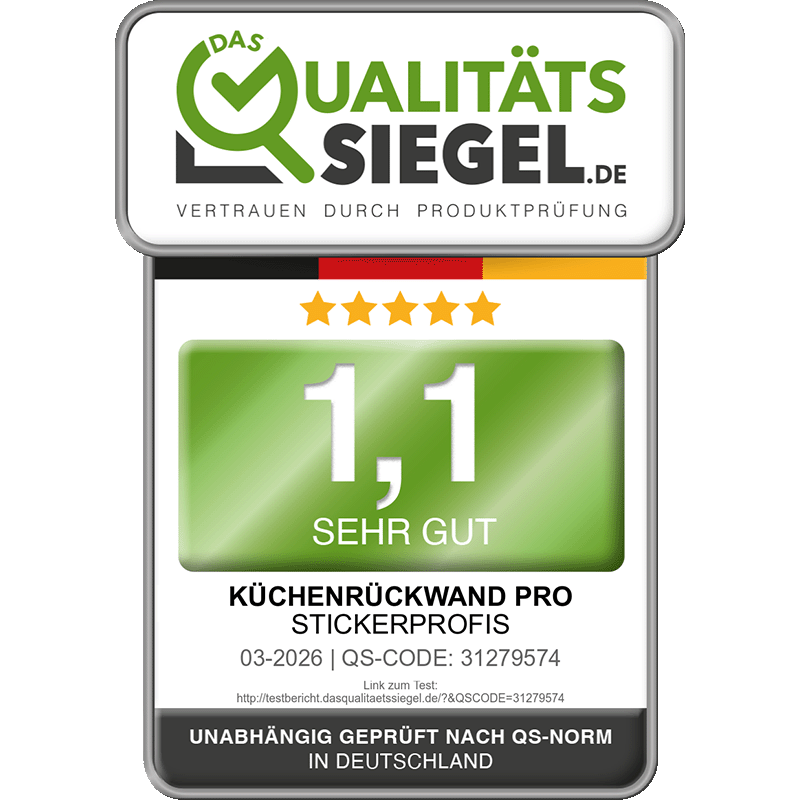 Verbrauchertest Küchenrückwand Stickerprofis von dasqualitaetssiegel.de mit Note 1,1