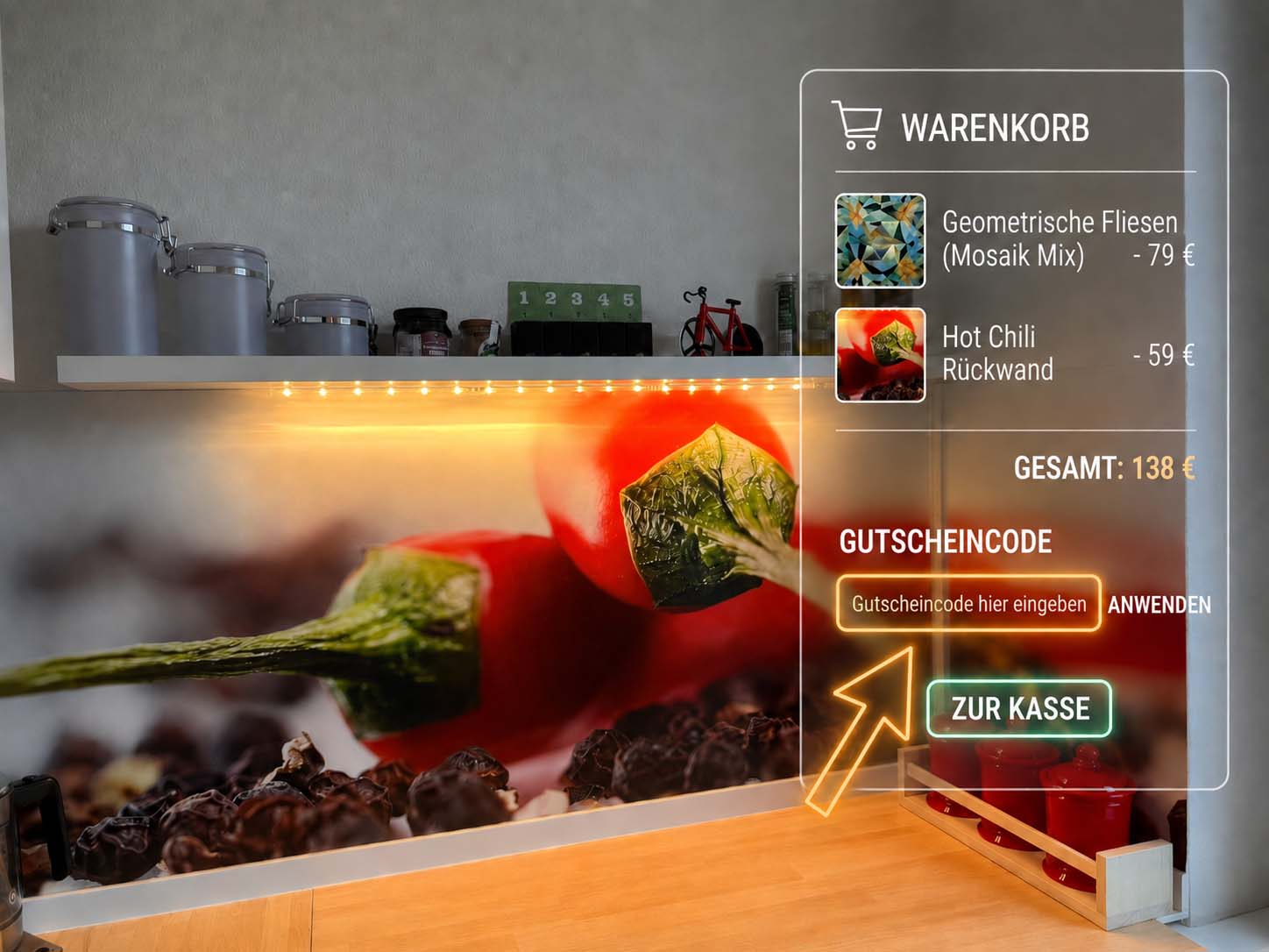 K&uuml;che mit einer K&uuml;chenr&uuml;ckwand mit Hot-Chili Motiv, dar&uuml;ber zu sehen ist ein grafisches Overlay mit einem Eingabefeld f&uuml;r einen Gutscheincode