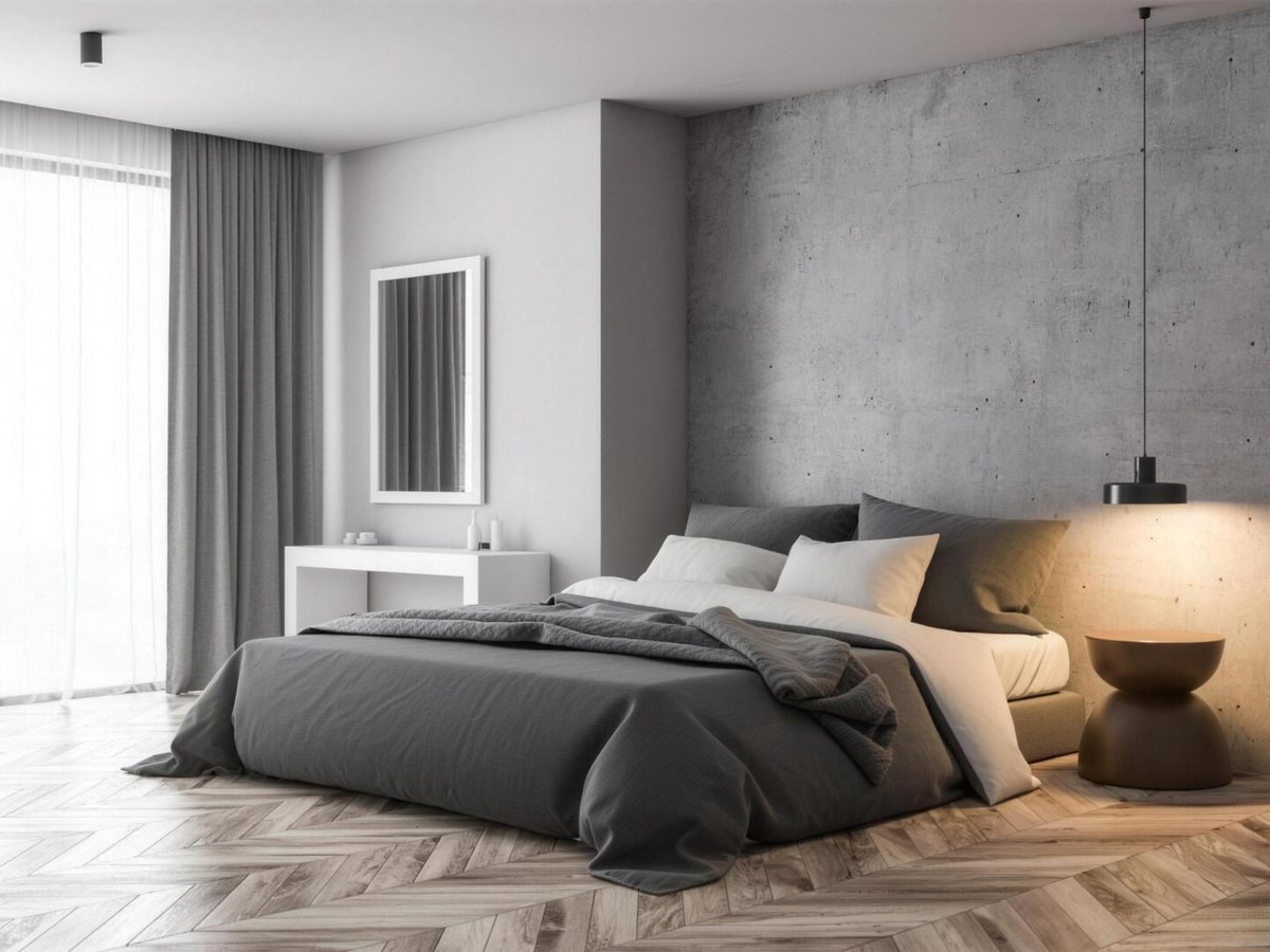 Schlafzimmer mit Wand in Betonoptik