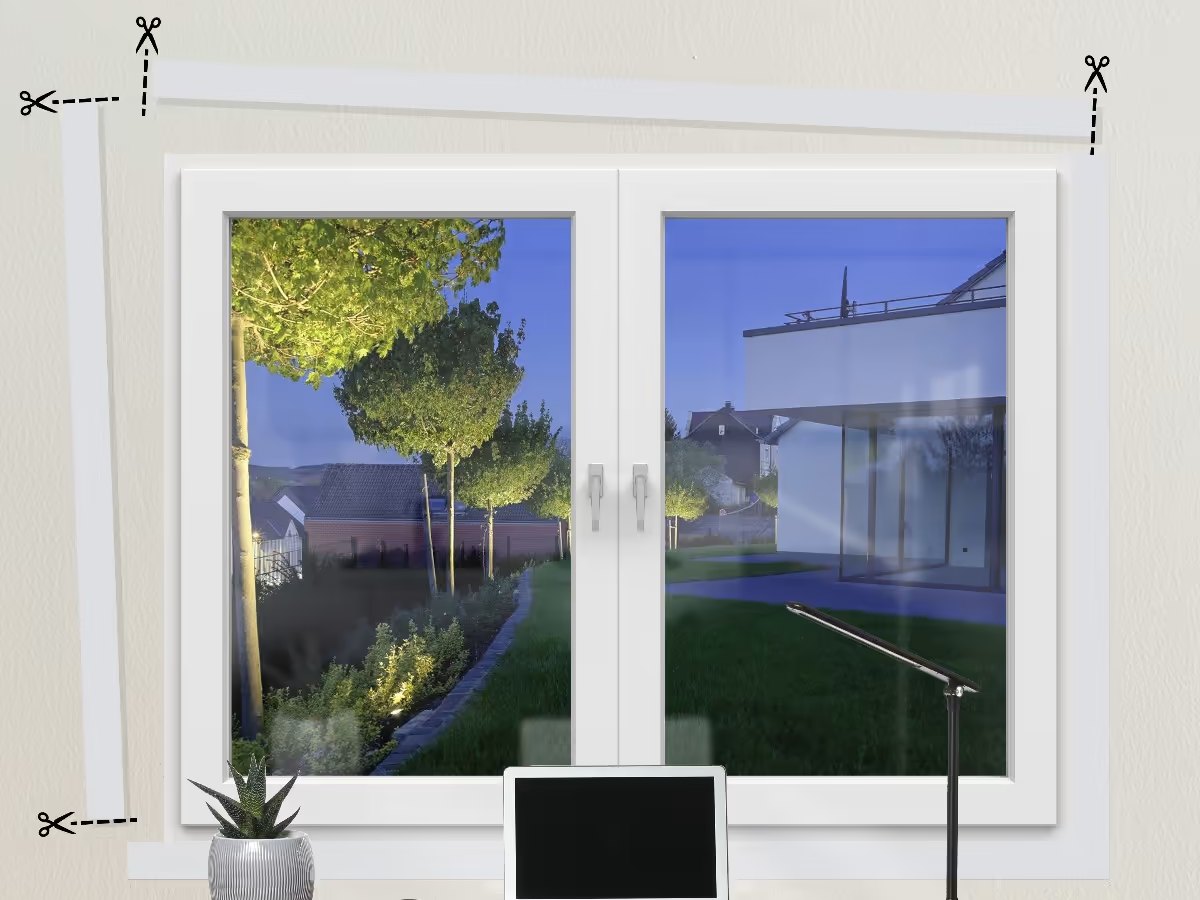 Fenster mit selbstklebender weißer Fensterleiste als Abschluss